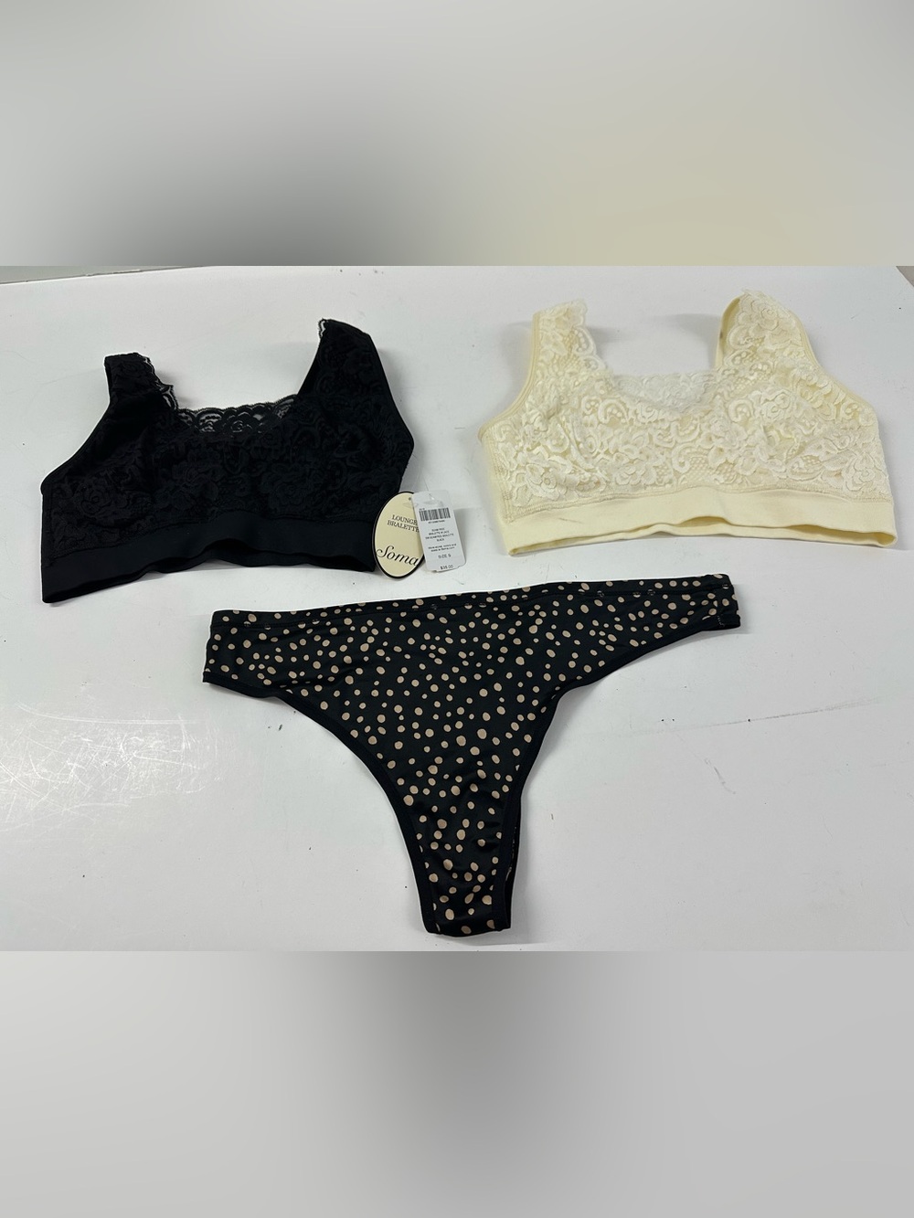 Soma Black Lace Bralette NWT, Cream Lace Bralette & Black & Tan Thong